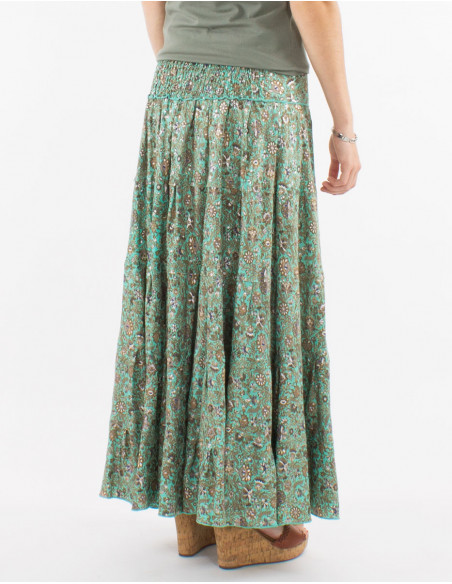 Falda larga poliester con volantes sari estampado plata