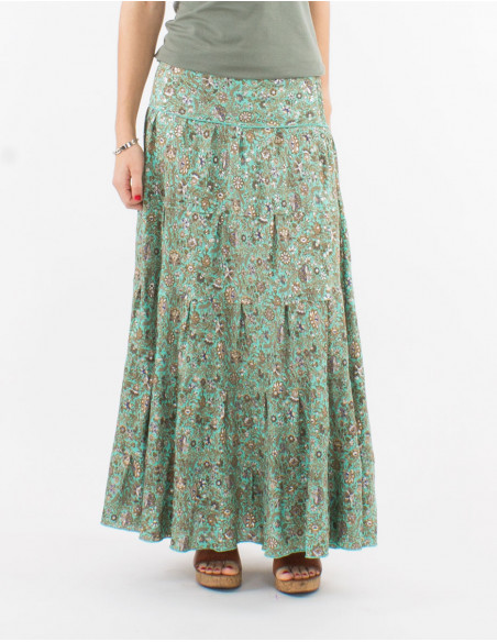 Falda larga poliester con volantes sari estampado plata