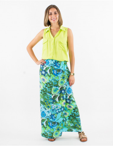 Falda larga viscosa cruzada estampado sixties