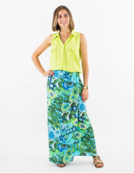 Falda larga viscosa cruzada estampado sixties