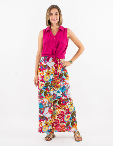 Falda larga viscosa cruzada estampado sixties