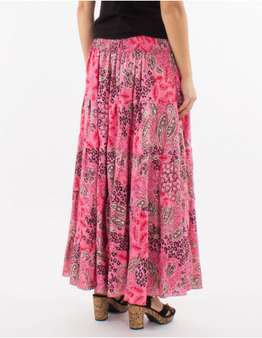 Falda larga poliester estampado pansy plata