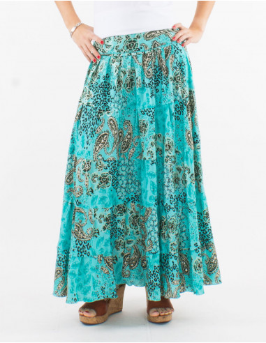 Falda larga poliester estampado pansy plata