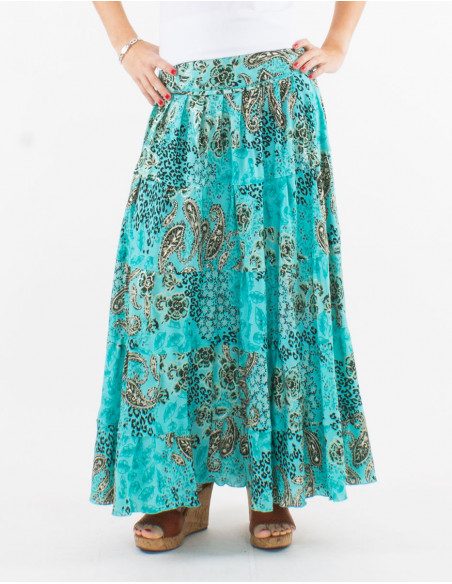 Falda larga poliester estampado pansy plata