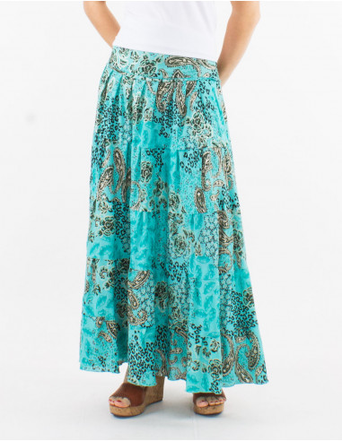 Falda larga poliester estampado pansy plata