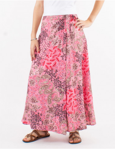 Falda larga poliester cruzada estampado pansy...