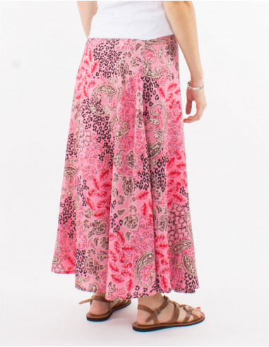 Falda larga poliester cruzada estampado pansy...