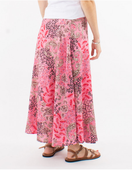 Falda larga poliester cruzada estampado pansy plata