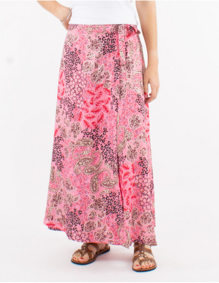 Falda larga poliester cruzada estampado pansy plata