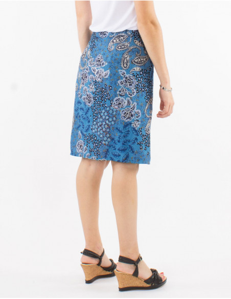 Falda corta poliester cruzada estampado pansy plata