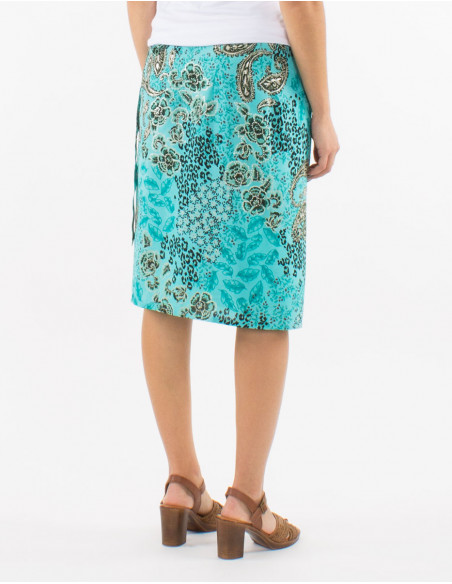 Falda corta poliester cruzada estampado pansy plata