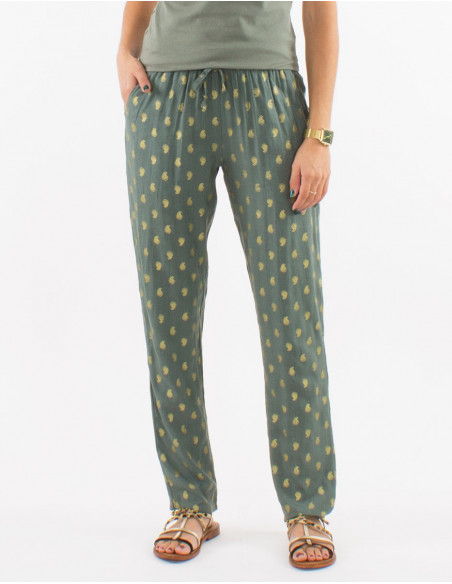 Pantalon viscosa cintura elastica estampado bali dorado