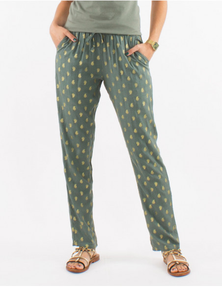 Pantalon viscosa cintura elastica estampado bali dorado
