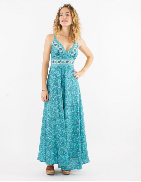 Vestido largo poliester espalda descubierta sari estampado