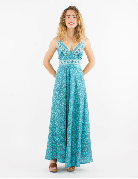 Vestido largo poliester espalda descubierta sari estampado