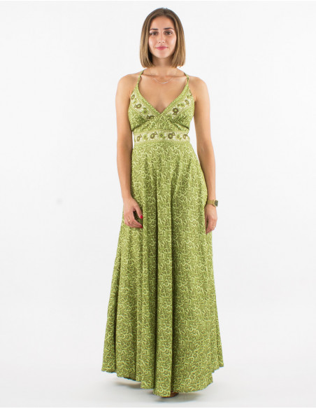 Vestido largo poliester espalda descubierta sari estampado