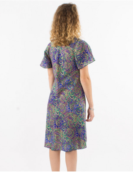 Vestido corto poliester mangas cortas sari estampado dorado