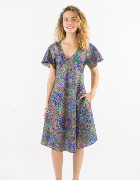 Vestido corto poliester mangas cortas sari estampado dorado