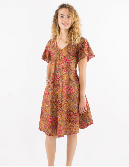 Vestido corto poliester mangas cortas sari estampado dorado