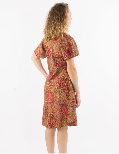 Vestido corto poliester mangas cortas sari estampado dorado