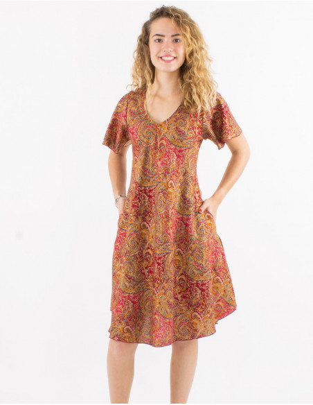 Vestido corto poliester mangas cortas sari estampado dorado