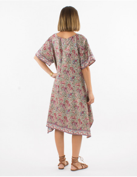 Vestido poliester mangas cortas sari plata estampado plata