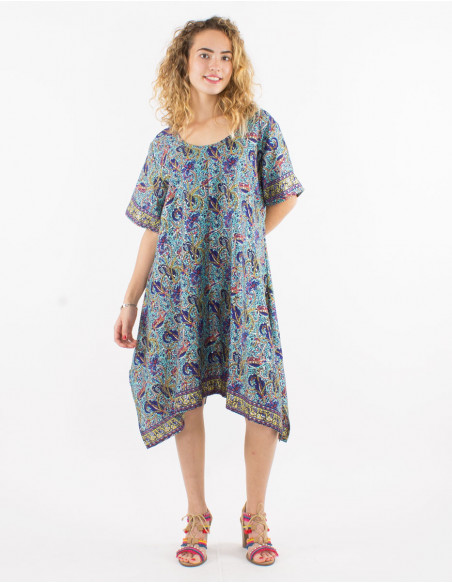 Vestido poliester mangas cortas sari plata estampado plata