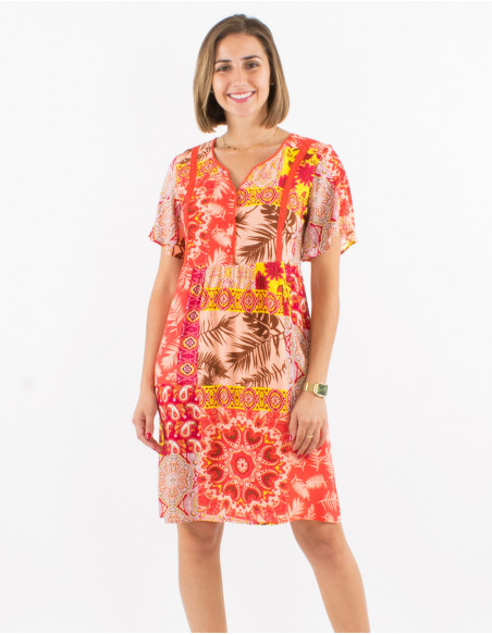 Vestido viscosa mangas cortas estampado fantasia