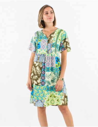 Vestido viscosa mangas cortas estampado fantasia