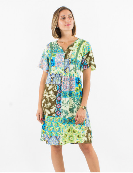 Vestido viscosa mangas cortas estampado fantasia