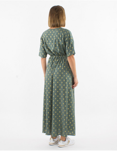 Vestido largo viscosa mangas cortas estampado bali dorado