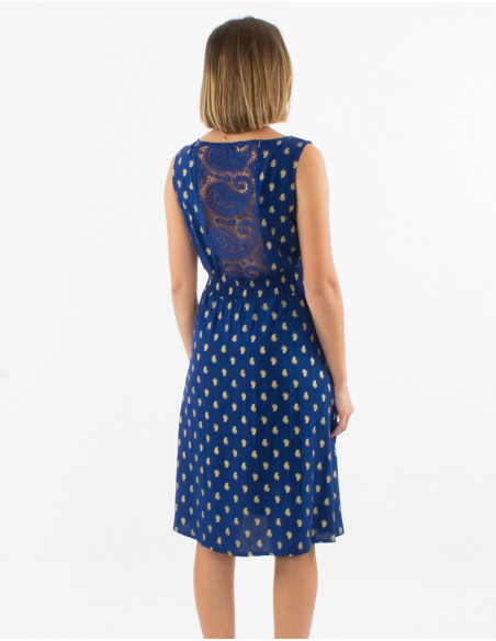 Vestido viscosa espalda encaje sin mangas estampado bali dorado