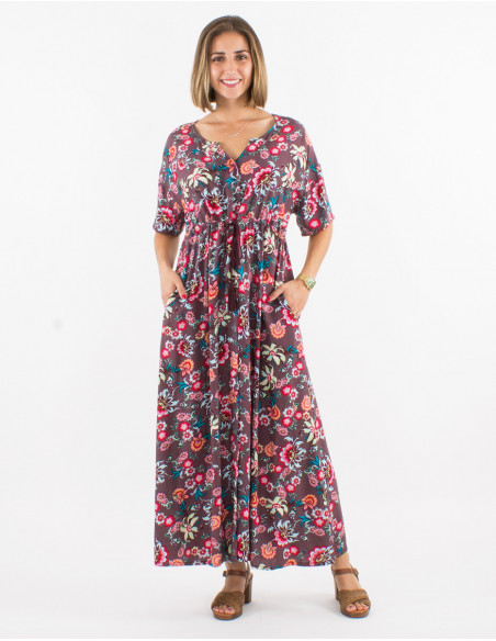 Vestido largo viscosa mangas cortas estampado bohemia