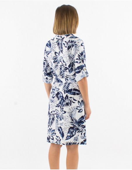Vestido 70% viscosa 30% lino con botones mangas 3/4 remangables estampado exotico