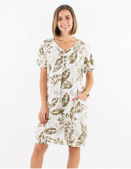 Vestido 70% viscosa 30% lino mangas cortas estampado exotico