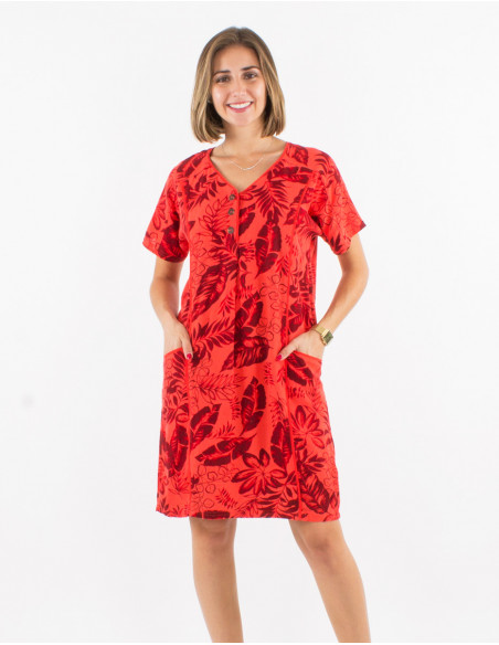 Vestido 70% viscosa 30% lino mangas cortas estampado exotico