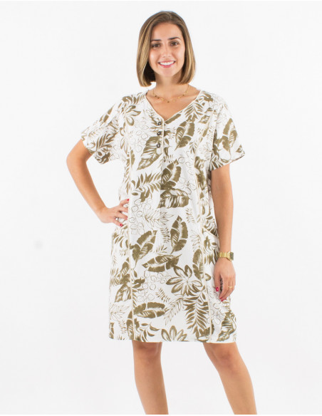 Vestido 70% viscosa 30% lino mangas cortas estampado exotico