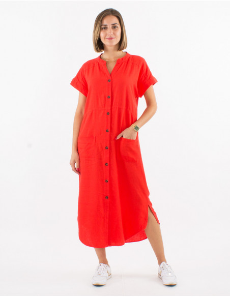 Vestido 54% lino 46% viscosa con botones mangas cortas