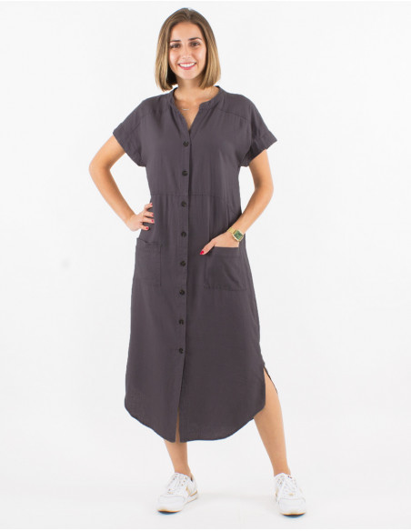 Vestido 54% lino 46% viscosa con botones mangas cortas