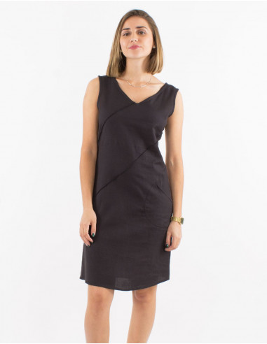 Vestido 91% algodon 9% lino liso sin mangas...