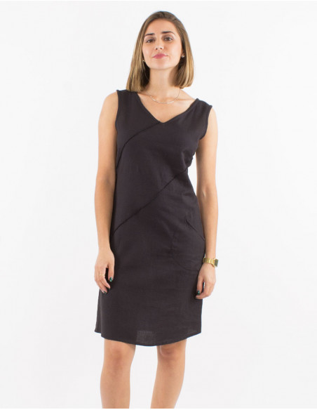 Vestido 91% algodon 9% lino liso sin mangas cuello v