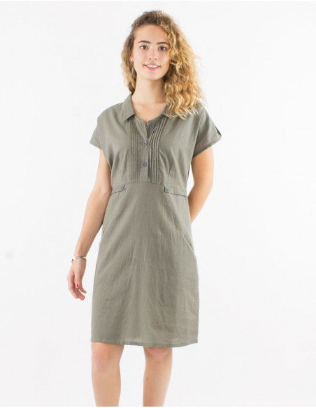 Vestido 91% algodon 9% lino liso mangas cortas