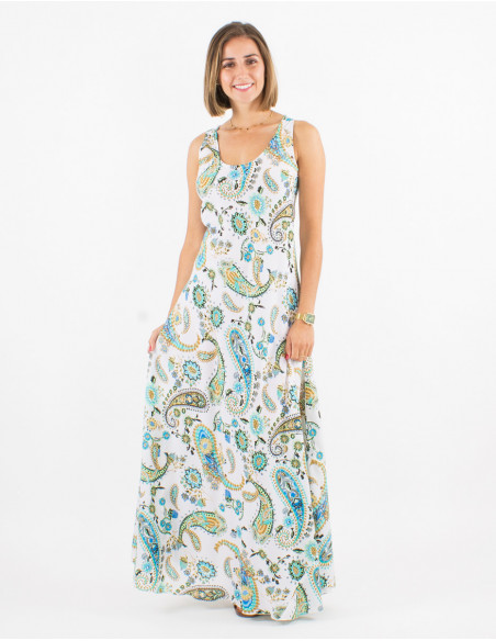 Vestido largo poliester sin mangas estampado exotico