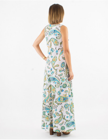 Vestido largo poliester sin mangas estampado exotico