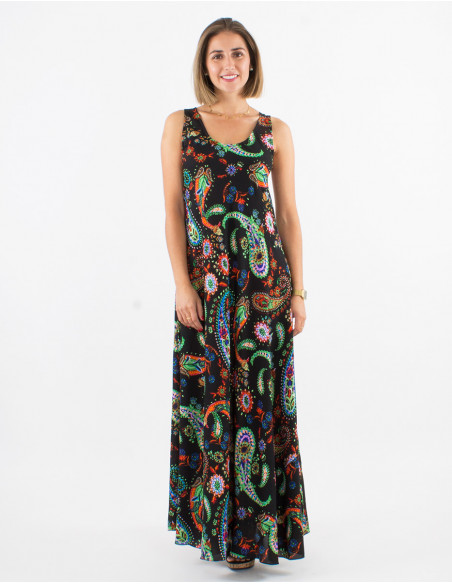 Vestido largo poliester sin mangas estampado exotico