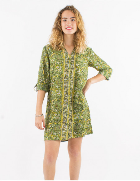 Vestido poliester con botones mangas 3/4 remangables estampado cachemire dorado