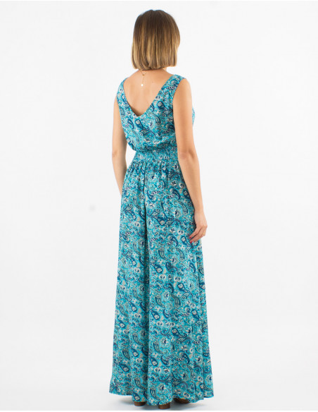 Vestido largo poliester sin mangas estampado cachemire dorado