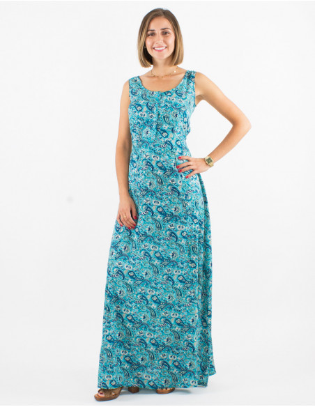 Vestido largo poliester sin mangas estampado cachemire dorado