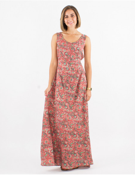 Vestido largo poliester sin mangas estampado cachemire dorado