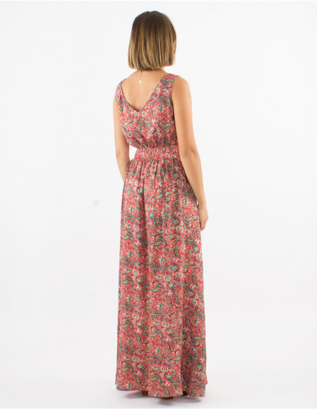 Vestido largo poliester sin mangas estampado cachemire dorado